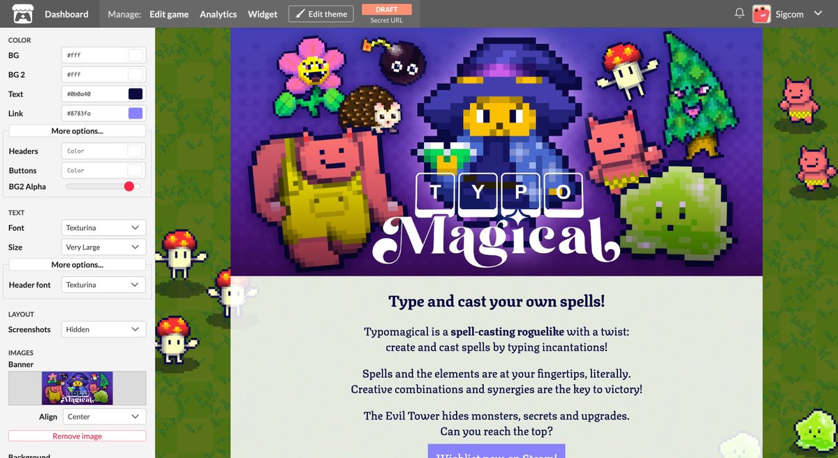 itchꓸioでこの前の #東京ゲームダンジョン10 版をベースにしたものを無料配布したくて、ページの準備を始めました👀
テーマ（ページの見た目）設定にちょっと詳しくなった！
スレに参考になった情報を貼ります📋 
#ゲーム制作 #itchio #インディーゲーム