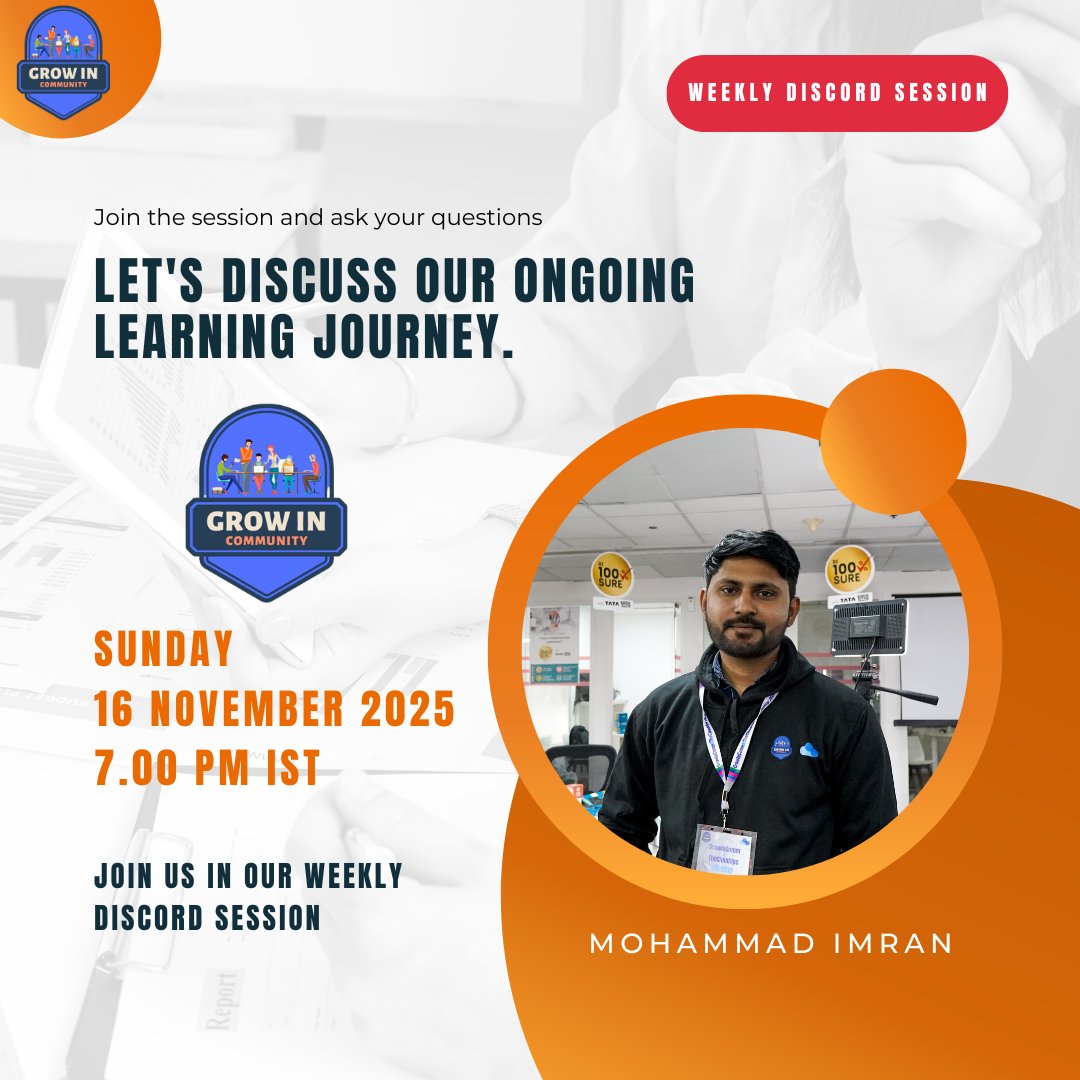 GrowInComm's tweet image. 🌱 GrowInCommunity Weekly Call Reminder!

Let’s come together to discuss our ongoing journeys, share progress, exchange ideas, and learn from each other.🚀

🗓 Date: 16 November 2025 (Sunday)
⏰ Time: 7:00 PM IST
🎤 Host: @imrandoestech
Discord link: lnkd.in/g-jbR27n