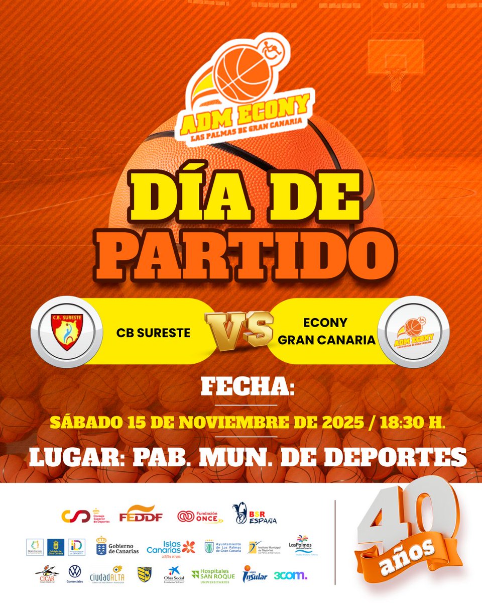🏀🔥 𝗗í𝗮 𝗱𝗲 𝗽𝗮𝗿𝘁𝗶𝗱𝗼⁣
Primer derbi de la temporada para el Econy Gran Canaria.⁣
Hoy visitamos al CB Sureste en un duelo que promete intensidad y emoción en las islas.⁣
⏰ 18:30 h⁣
📍 Pab. Mpal. de Deportes⁣
¡Vamos con todo! 💛♿️⁣
#SomosEcony #40AñosDeHistoria