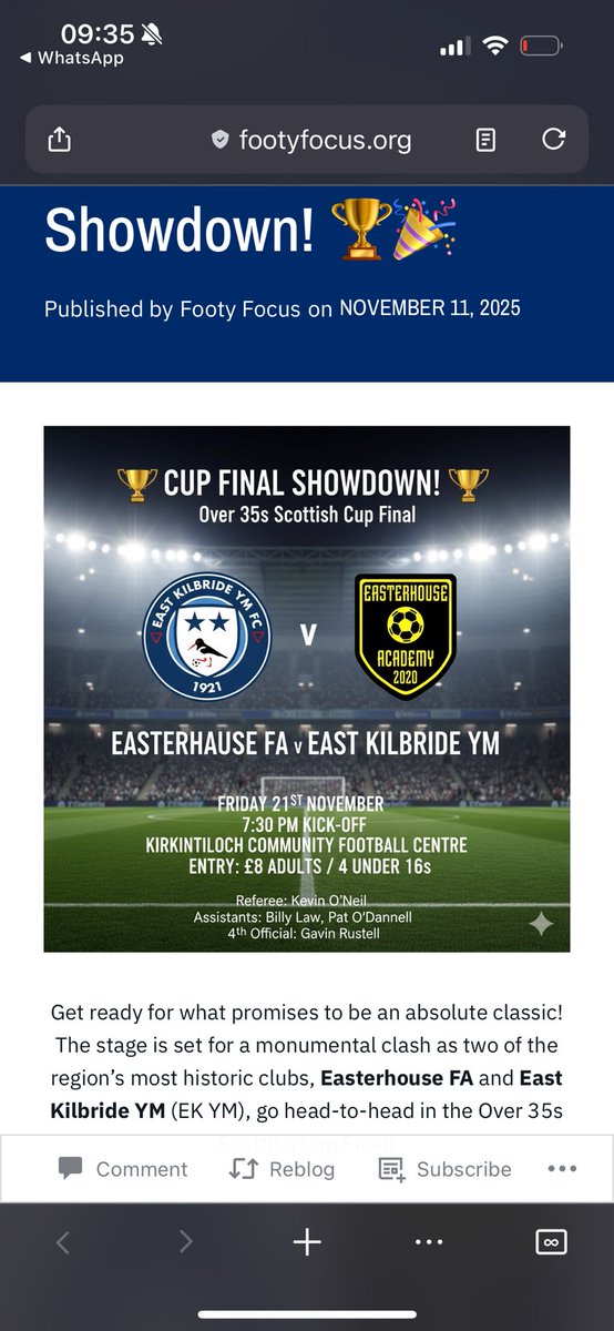 Over 35s scottish Cup final 

Get along support the easterhouse 35s ....come on 💪💪💪

Easterhouse Football Academy 35s v
Ekym 35s 
Next friday 21st November 
Kirkintilloch football centre 
7.30 ko

<a href="/scottish_aff/">AmateurFixturesResultsSCO</a> <a href="/centregions35s/">Football Central 35s</a>