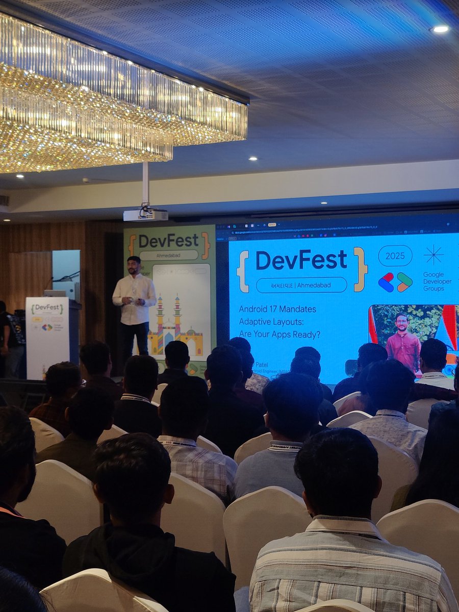ravi_rupareliya's tweet image. Next we have @DearDhruv on stage at #DevFestAhm breaking down Android 17’s adaptive layout mandate — and it’s a game changer. 👀🔥
If your app isn’t flexible across screens yet… now’s the time.

#Android17 #AndroidDev #DevFest #GDG #TechCommunity