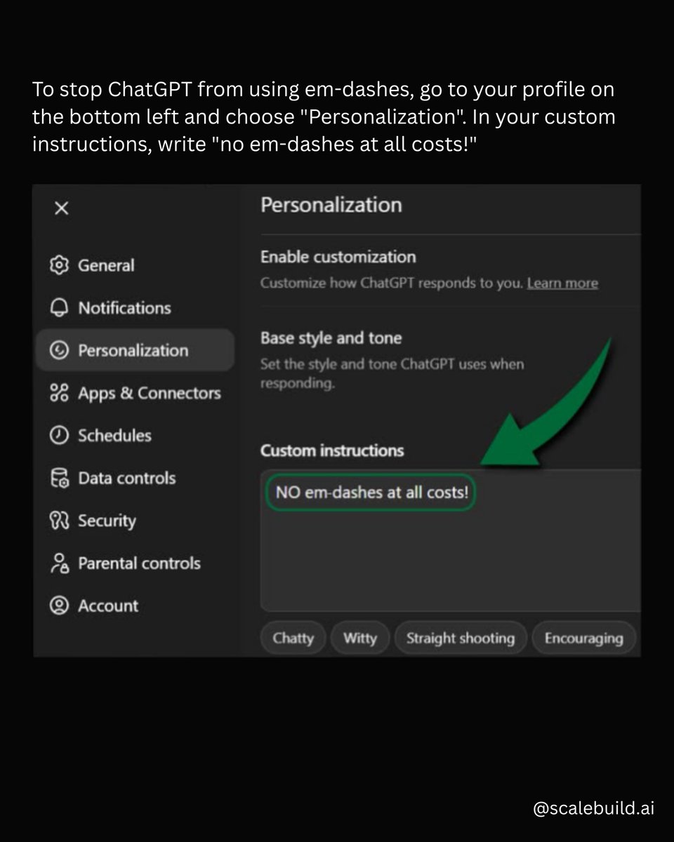 Scalebuild_ai's tweet image. Maybe ChatGPT launched the most important feature of 2025: no em-dashes.

Sam Altman confirmed that ChatGPT has finally dropped the habit of pushing users into odd punctuation choices, resolving a long standing frustration for those trying to maintain their natural writing style.