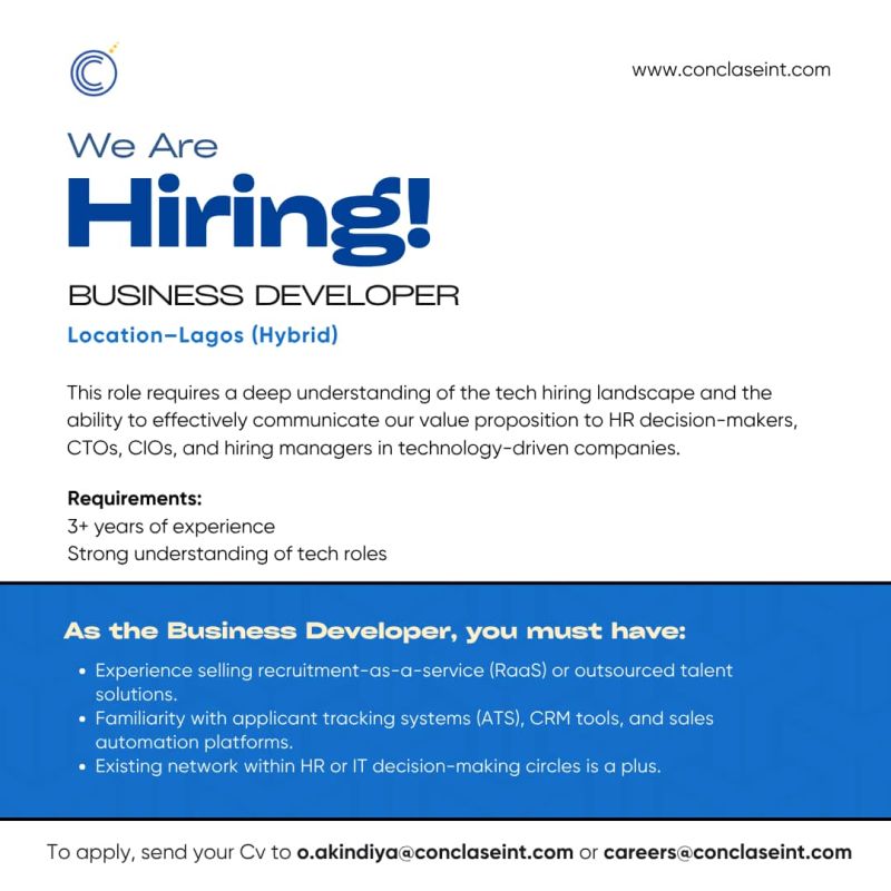 JobkonnectaNG's tweet image. We are hiring a dynamic and results-driven Business Developer with proven experience in 
the tech recruitment or talent acquisition industry.

Apply now or share with someone who needs it.

Send your Cv to o.akindiya@conclaseint.com or careers@conclaseint.com

Wike