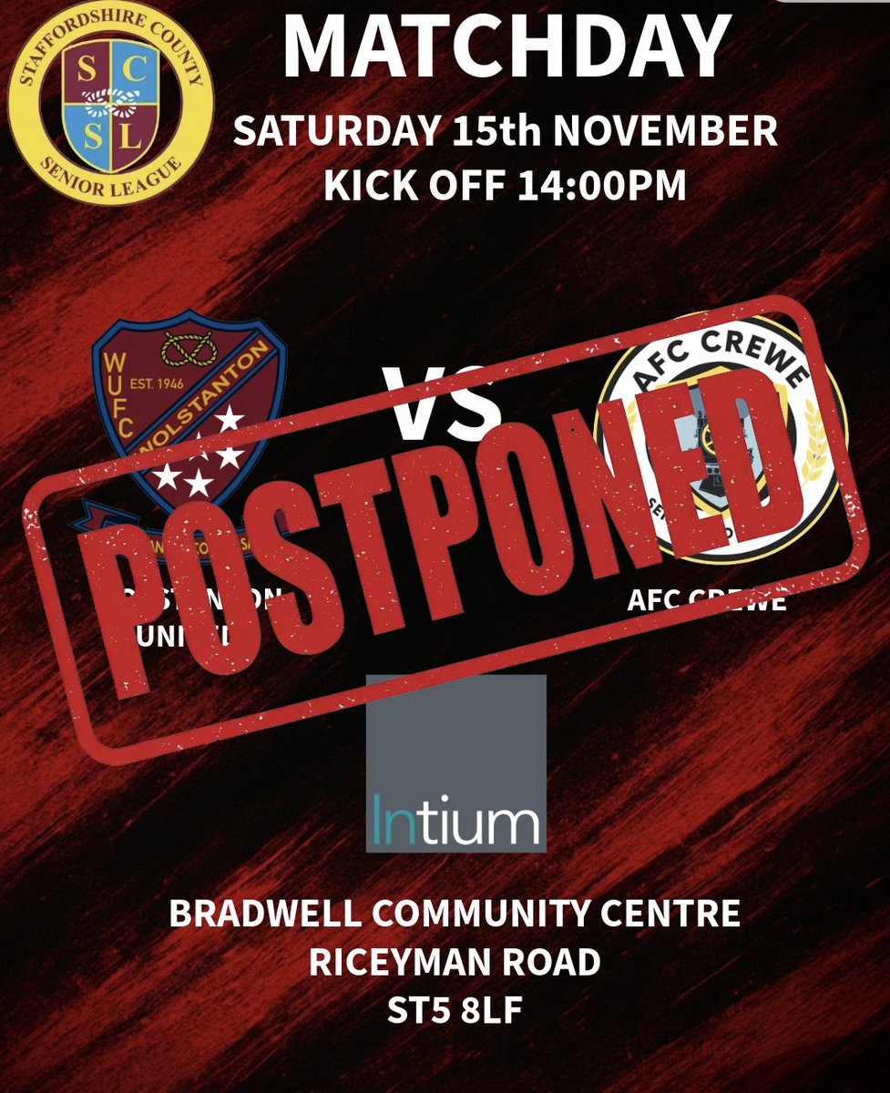 thestant's tweet image. Today’s home game against AFC Crewe is off due to a waterlogged pitch