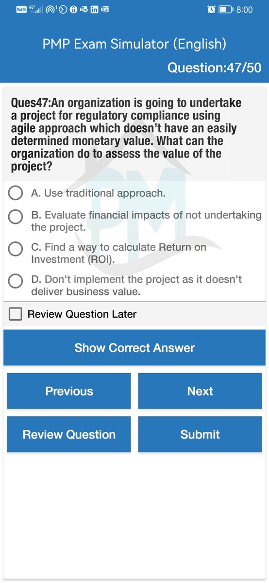 ProjMngmtHouse's tweet image. Question Source PMP Exam Simulator
5 mock exams
Quizzes on all domains
Reference for each question
Updated to latest ECO
Available for instructors with discount
Available on web, Android &amp;amp;iPhones
English bit.ly/3vKRfSX
English-Arabic bit.ly/3vZPu4m
#PMBOK7 #PMP