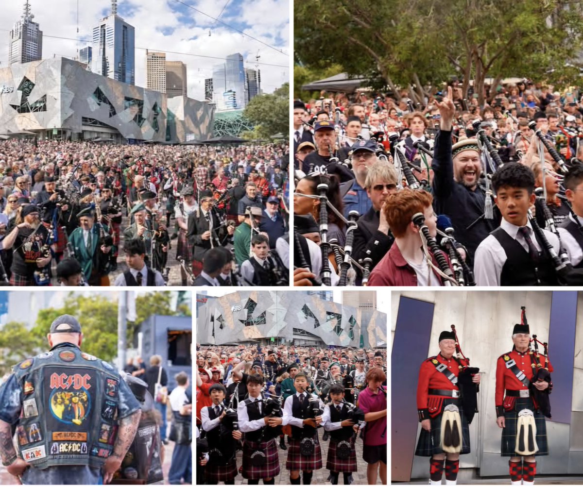CDhubh's tweet image. New worId record for the biggest bagpipe ensemble set Melbourne, Australia on 12th November by 371 pipers led by originals Ken Lagerfield &amp;amp; Kevin Conlon playing the legendary AC/DC riff from 'It's a Long Way to the Top.' Pics Melbourne City. #Pipes