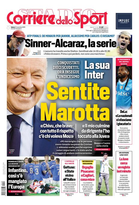 Front Page Corriere dello Sport, Saturday 15 November 2025