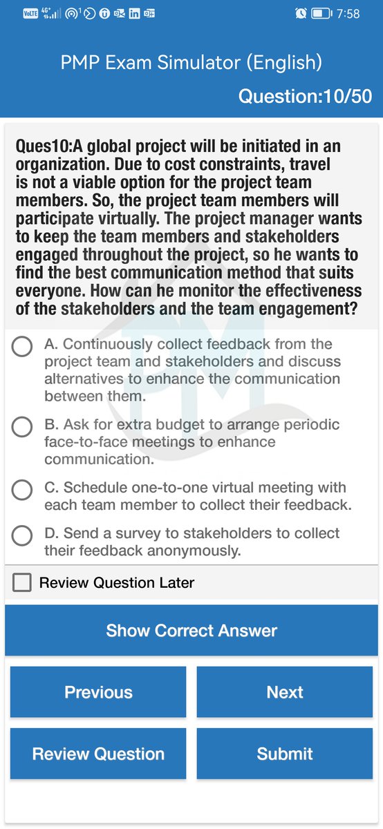 ProjMngmtHouse's tweet image. Question Source PMP Exam Simulator
5 mock exams
Quizzes on all domains
Reference for each question
Updated to latest ECO
Available for instructors with discount
Available on web, Android &amp;amp;iPhones
English bit.ly/3vKRfSX
English-Arabic bit.ly/3vZPu4m
#PMBOK7 #PMP