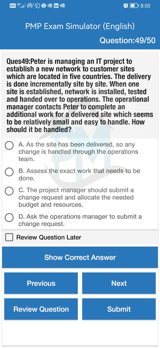 ProjMngmtHouse's tweet image. Question Source PMP Exam Simulator
5 mock exams
Quizzes on all domains
Reference for each question
Updated to latest ECO
Available for instructors with discount
Available on web, Android &amp;amp;iPhones
English bit.ly/3vKRfSX
English-Arabic bit.ly/3vZPu4m
#PMBOK7 #PMP