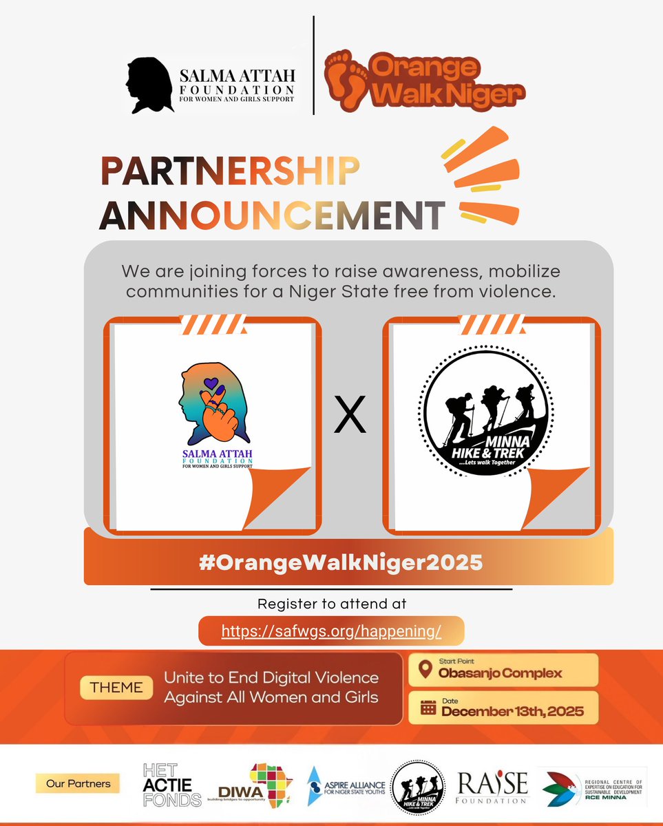 This year’s #OrangeWalkNiger is powered by organisations that believe in dignity, safety for all women and girls.

Thank you @hike_trek_minna for standing with us to make Orange Walk Niger 2025 stronger and louder.

#safwgs #orangewalkniger2025 #safesisi #16daysofactivism #endgbv