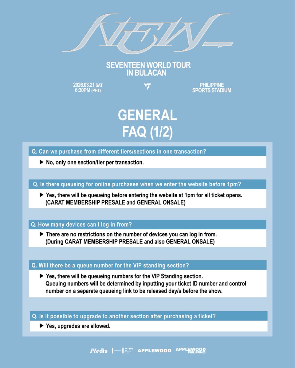 applewood_kr's tweet photo. CARAT, the wait is almost over!💖
Check out the Ticket Purchase Details and FAQ 🗓️
Get ready to secure your tickets soon✨

SEVENTEEN WORLD TOUR [NEW_] IN BULACAN
📅 2026. 03. 21 (SAT) 6:30PM PHT
📍 PHILIPPINE SPORTS STADIUM

⏰ CARAT MEMBERSHIP PRESALE Registration period : 2025/11/6(THU) 11AM PHT ~ 2025/11/11(TUE) 10:59AM PHT
▶ CARAT MEMBERSHIP PRESALE : 2025/11/18(TUE) 1PM PHT ~ 2025/11/18(TUE) 11:59PM PHT
▶ General Onsale : 2025/11/20(THU) 1PM PHT onwards
▶ Ticketing Site : https://t.co/ilFZ77YoEl

#SEVENTEEN #세븐틴
#SVT_WORLDTOUR #NEW_BULACAN
#SVT_TOUR_NEW_
#APPLEWOOD #APPLEWOODPH