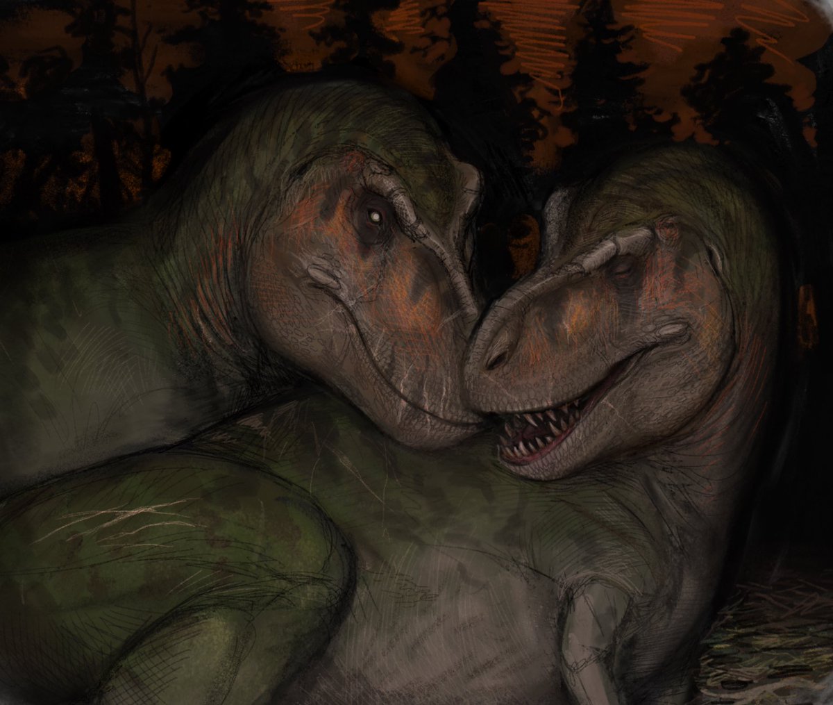 Two male tyrannosaurs displaying same sex courting. Gay relationships are not uncommon for both birds and large animals so I thought it would be cute to draw