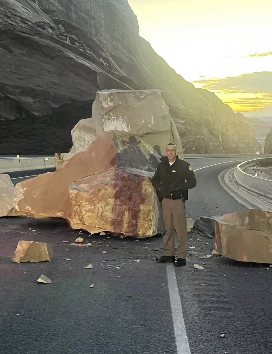 This chunk of rock became dislodged and dropped onto the eastbound lanes of I-70 near spotted wolf in Utah this past Thursday. I hope they didn’t find a coyote under it when they removed it.