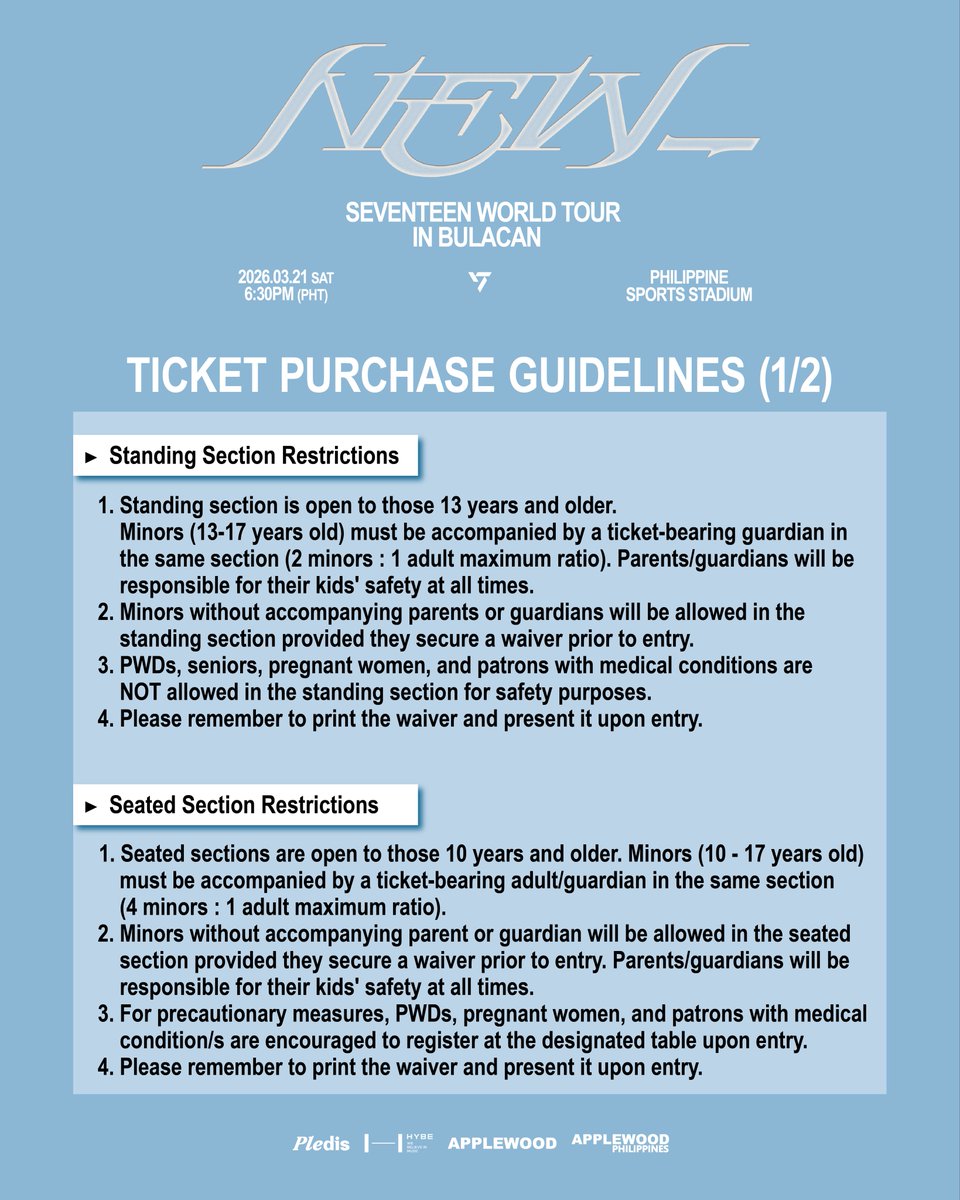 applewood_ph's tweet image. CARAT, the wait is almost over!💖
Check out the Ticket Purchase Details and FAQ 🗓️
Get ready to secure your tickets soon✨

SEVENTEEN WORLD TOUR [NEW_] IN BULACAN
📅 2026. 03. 21 (SAT) 6:30PM PHT
📍 PHILIPPINE SPORTS STADIUM

⏰ CARAT MEMBERSHIP PRESALE Registration period :…