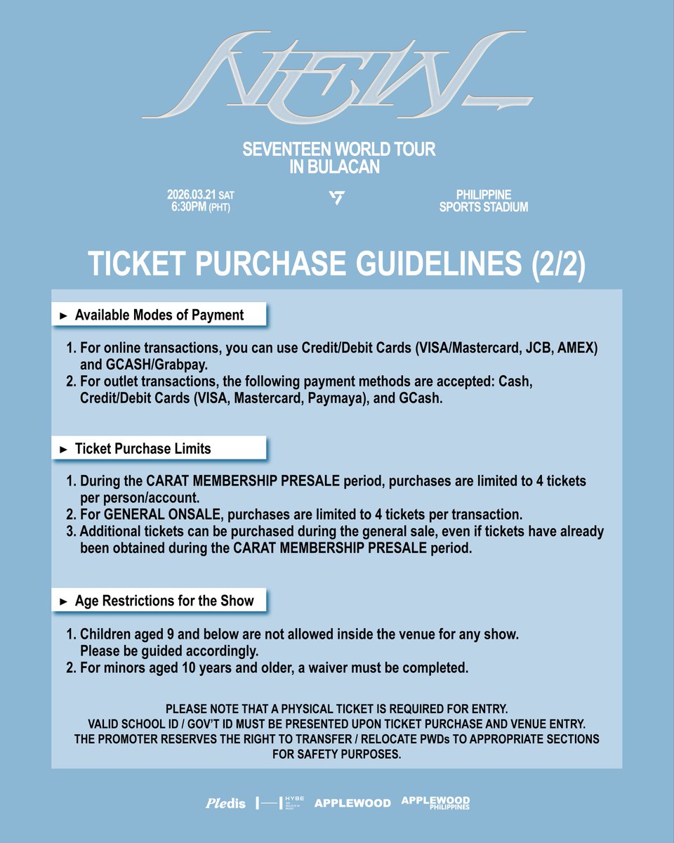 applewood_ph's tweet image. CARAT, the wait is almost over!💖
Check out the Ticket Purchase Details and FAQ 🗓️
Get ready to secure your tickets soon✨

SEVENTEEN WORLD TOUR [NEW_] IN BULACAN
📅 2026. 03. 21 (SAT) 6:30PM PHT
📍 PHILIPPINE SPORTS STADIUM

⏰ CARAT MEMBERSHIP PRESALE Registration period :…
