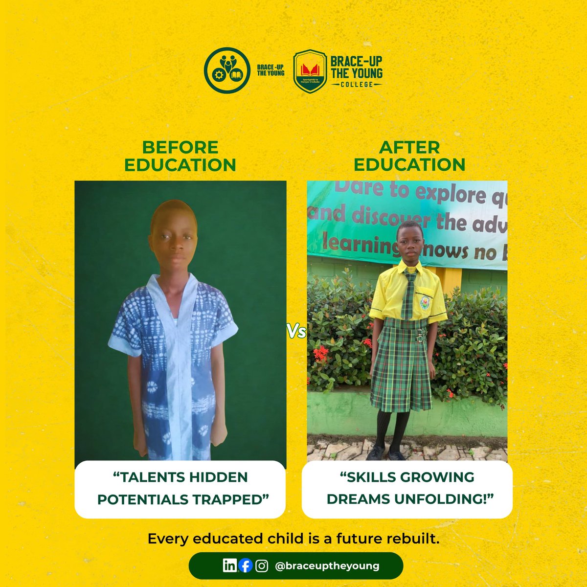 BraceuptheYoung's tweet image. When a child learns, their world expands.
Dreams grow. Potential comes alive.
Support education. Sponsor a child.

#BraceUpTheYoung
#EducationForAll
#SponsorAChild
#BuildingFutures