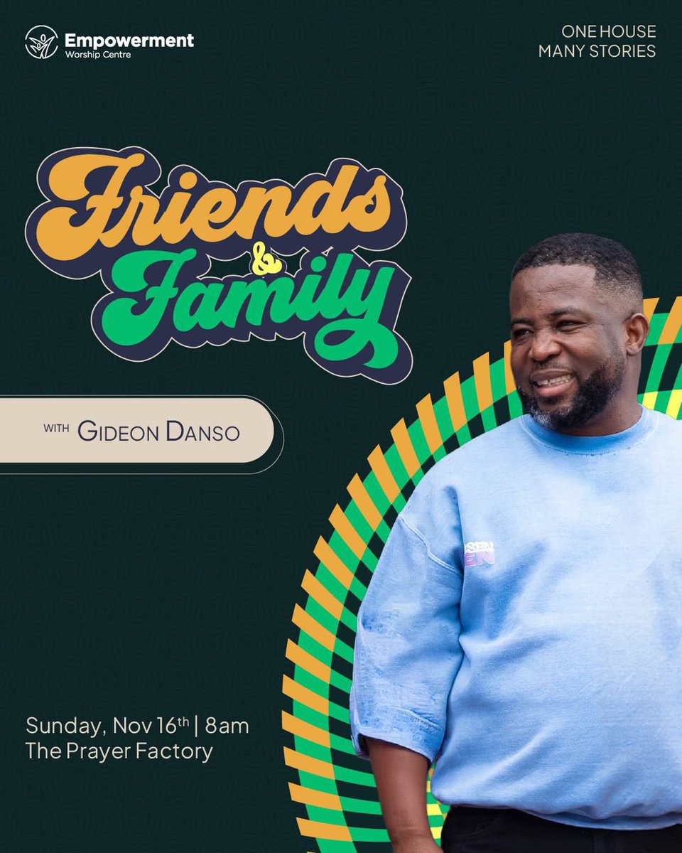 Friends &amp; Family Sunday is here!
Join us tomorrow at 8 AM at The Prayer Factory for a powerful time of worship, unity, and impartation.

We are honored to have our GLP @GideonDanso_ ministering a moment you and your loved ones don’t want to miss.