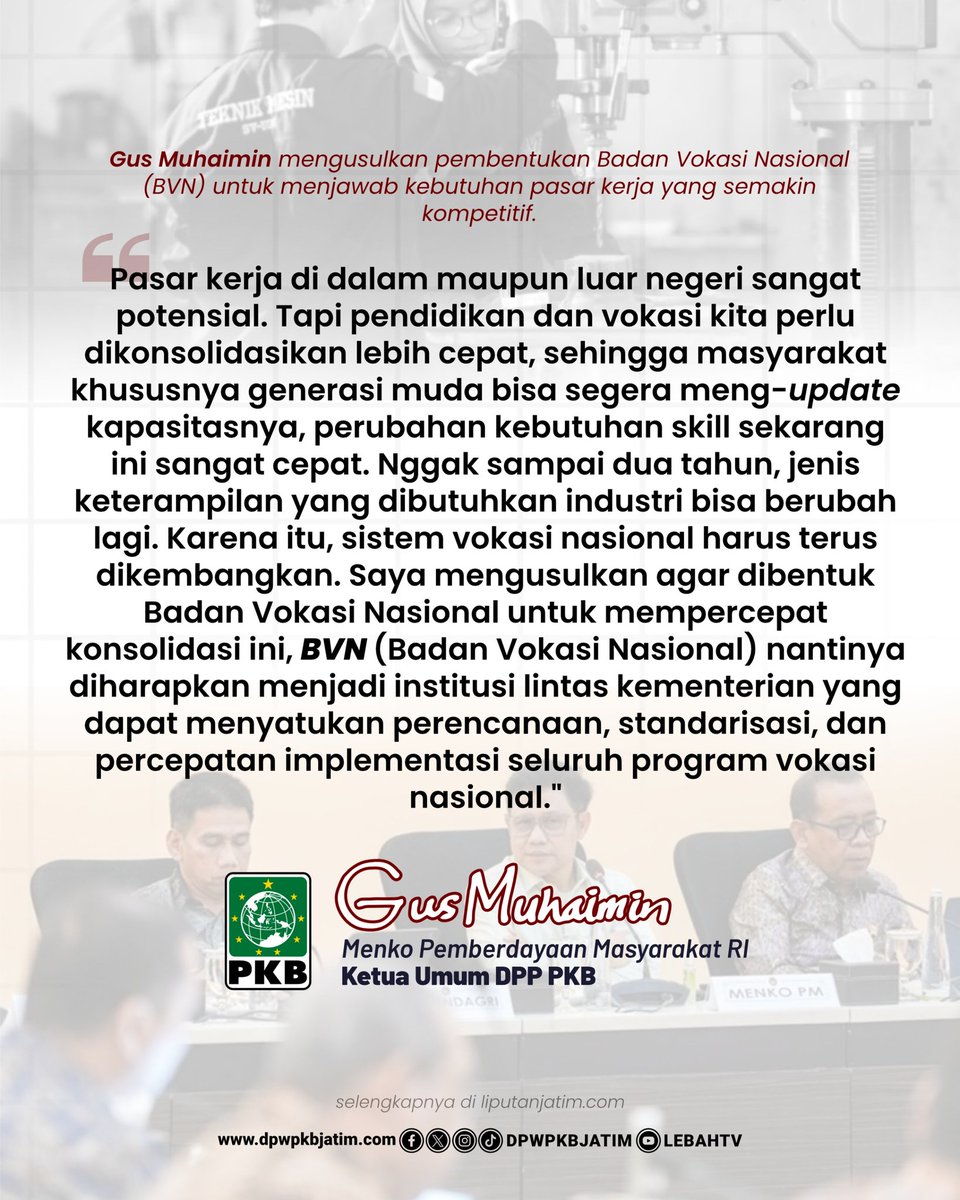 Gus Muhaimin mendorong pembentukan Badan Vokasi Nasional sebagai langkah strategis untuk memperkuat perencanaan, standardisasi, dan percepatan implementasi vokasi di seluruh Indonesia.

#BadanVokasiNasional #GusMuhaimin #PKB #VokasiIndonesia #SDMIndonesia