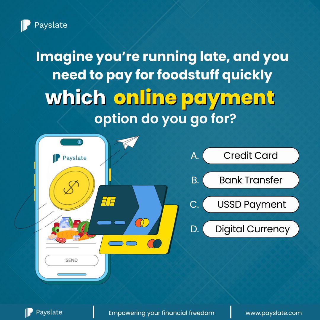 TEHILLAH444's tweet photo. You're at the checkout, 
and you need to pay fast.
Which online payment method saves the day?

A. Credit Card
B. Bank Transfer
C. USSD
D. Digital Currency

👇 Tell us your go-to in a rush! Let's hear you out in the comments

#Fintech 
#Payslate 
#QuickPayments
#Huiospay

Ezra https://t.co/IzLDL07aKn