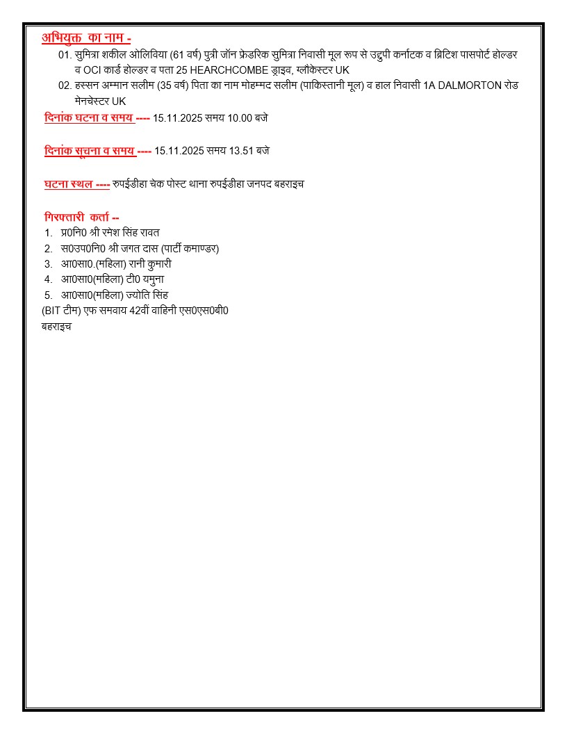 bahraichpolice's tweet image. #SPBahraich के कुशल निर्देशन में, 
नेपाल राष्ट्र के रास्ते भारतीय सीमा में अवैध तरीके से घुसपैठ करने वाले ब्रिटिश नागरिकता प्राप्त महिला व पुरुष (पाकिस्तानी मूल) को @SSB_INDIA व थाना रुपईडीहा पुलिस द्वारा किया गया गिरफ्तार
#BahraichPolice #UPPolice