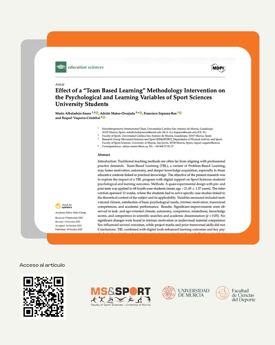 En MS&amp;Sport seguimos innovando.
Nuestro nuevo estudio sobre Team-Based Learning muestra mejoras en motivación, implicación y rendimiento en estudiantes de Ciencias del Deporte 
 mdpi.com/2227-7102/15/1…

#MSandSport #DeporteConCiencia #CienciasDelDeporte
<a href="/umucafd/">CAFD UMU</a> <a href="/UMUdivulga/">UMU Divulga</a>