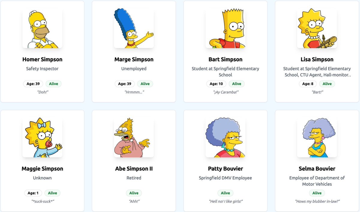 AristiDevs's tweet image. Como gran fan de Los Simpsons, es imposible que no me guste esta API 🤓

Accede a:

► Personajes
► Episodios
► Frases icónicas

Perfecta para practicar tus desarrollos mobile

👇🏻👇🏻👇🏻

→ thesimpsonsapi.com ←