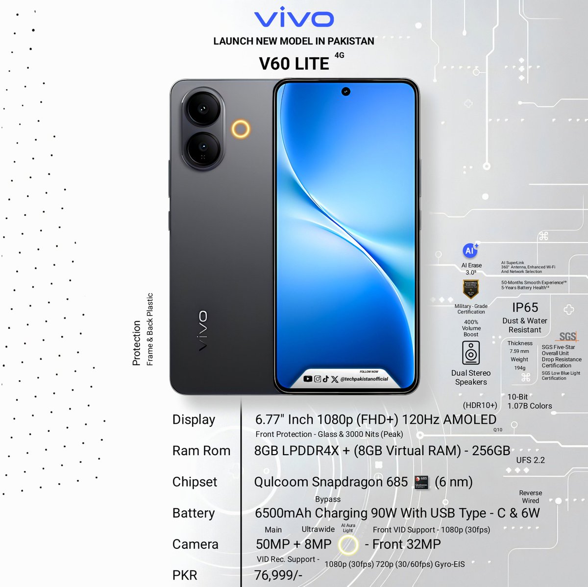 TechPakistanOf1's tweet image. vivo V60 Lite 4G Launch in Pakistan 🇵🇰 (8GB+ 8GB Virtual RAM - 256GB) PKR. 76,999/- @vivopakistan
#vivoV60Lite4G
.
#techpakistanofficial #techpakistan