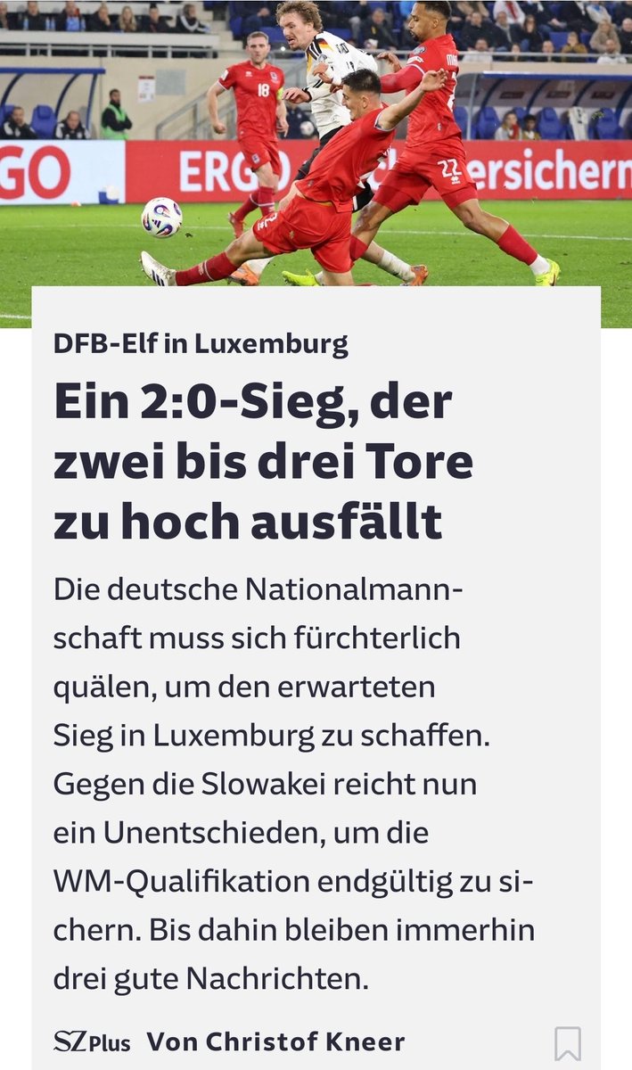 Christof Kneer <a href="/SZ_Sport/">SZ Sport</a> ist für mich der aktuell beste Sportjournalist Deutschlands. Jeder Artikel ein sprachlicher Genuss, auch und besonders über den #VfB. Dazu nun diese Schlagzeile über das gestrige <a href="/DFB_Team/">DFB-Team</a>-Spiel, ein in Worten gegossener Vollspanntreffer in den Winkel.