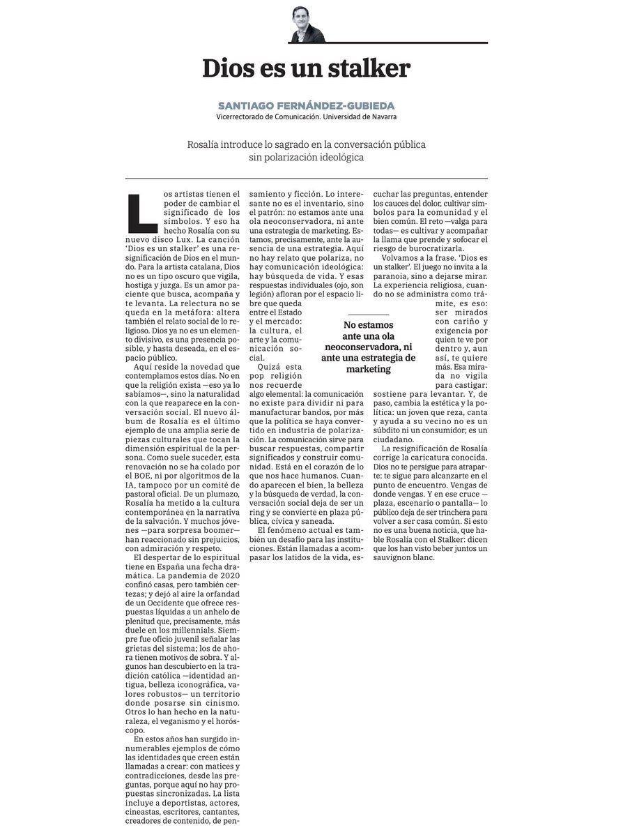 Dios es un stalker. Mi artículo de hoy: de cómo Rosalía ha introducido lo sagrado en la conversación pública sin polarización ideológica.