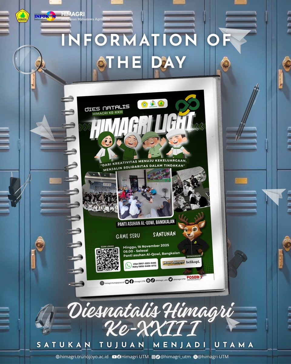 HimagriUTM's tweet photo. [ Satukan Tujuan Menjadi Utama ]

*HIMAGRI LIGHT✨*
➖➖➖➖➖
Dalam rangka Dies Natalis HIMAGRI ke-XXIII 🎉
Dengan semangat “Dari Kreativitas Menuju Kekeluargaan, Menjalin Solidaritas dalam Tindakan”,
yuk kembangkan jiwa empati dan kepedulian kepada sesama🤩✨ https://t.co/uCPXyQUAuD