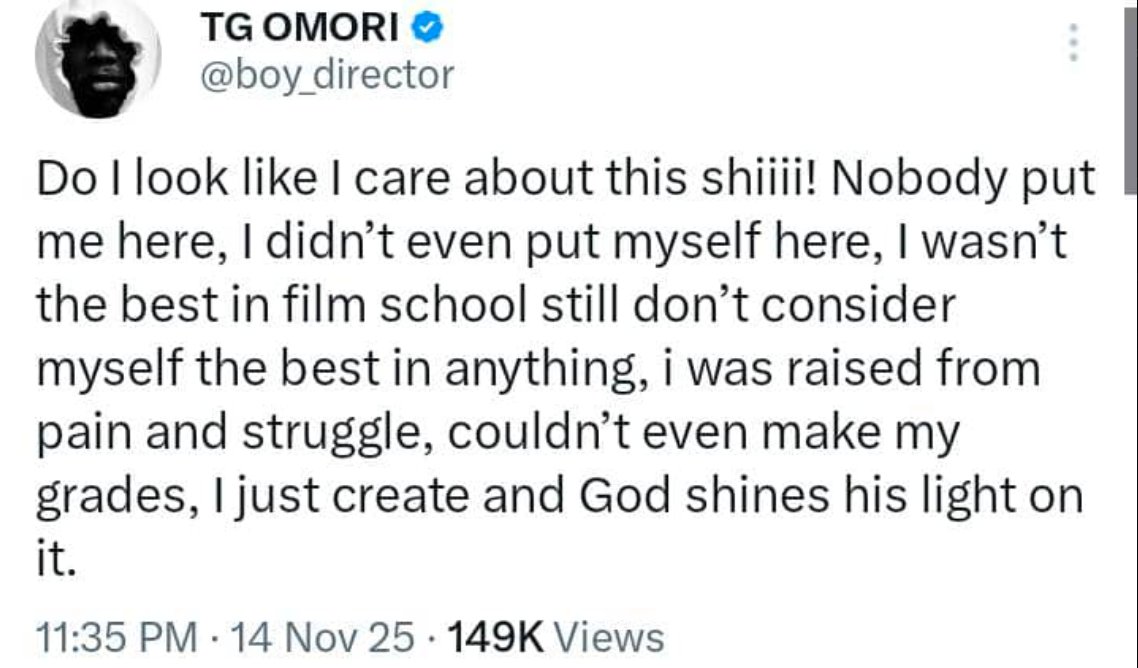 SquadNavigators's tweet photo. "Having same gender sex is evil" - Music video director TG Omori says, responds to those criticizing him for speaking against same sex relationship.

(Paystack Ezra Ikoyi Diddy Big Wiz Feminism Olamide Morayo TG Omori 2face Rema Peter Obi) https://t.co/TZfbANbn18