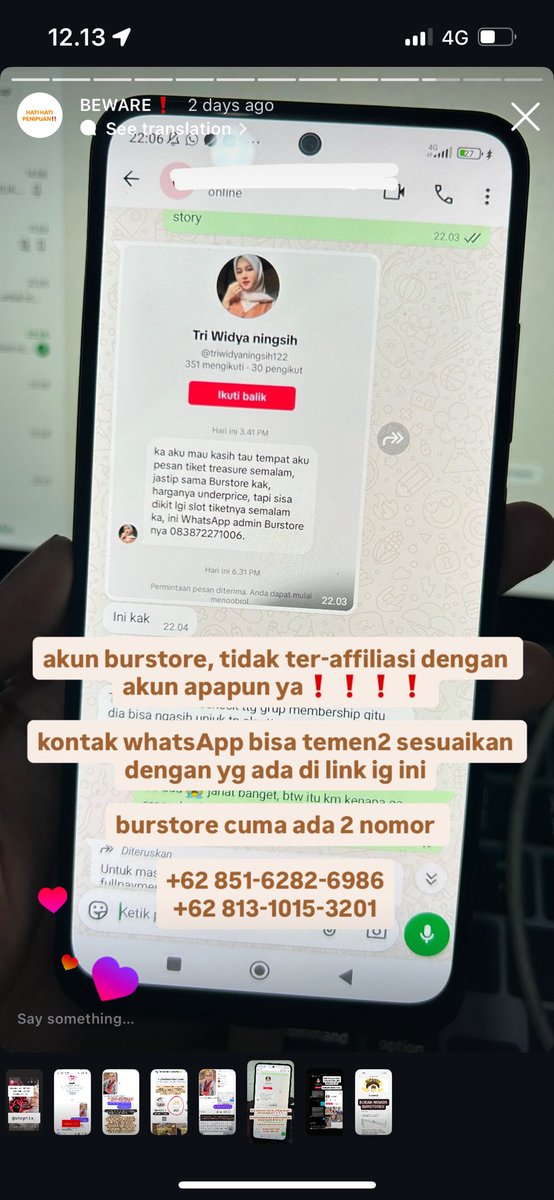 ❗️❗️ HELP RT ❗️❗️
 
PENIPUAN JASTIP DENGAN MENJADI AKUN BURSTORE!! 

⛔️Pelaku mengaku sebagai BURSTORE, dan mempunya WhatsApp dengan memakai LOGO BURSTORE (foto dibawah ini BUKAN NOMOR BURSTORE)

⚠️ nomor burstore asli : +62 851-6282-6986 dan +62 813-1015-3201

lanjut 👇🏻