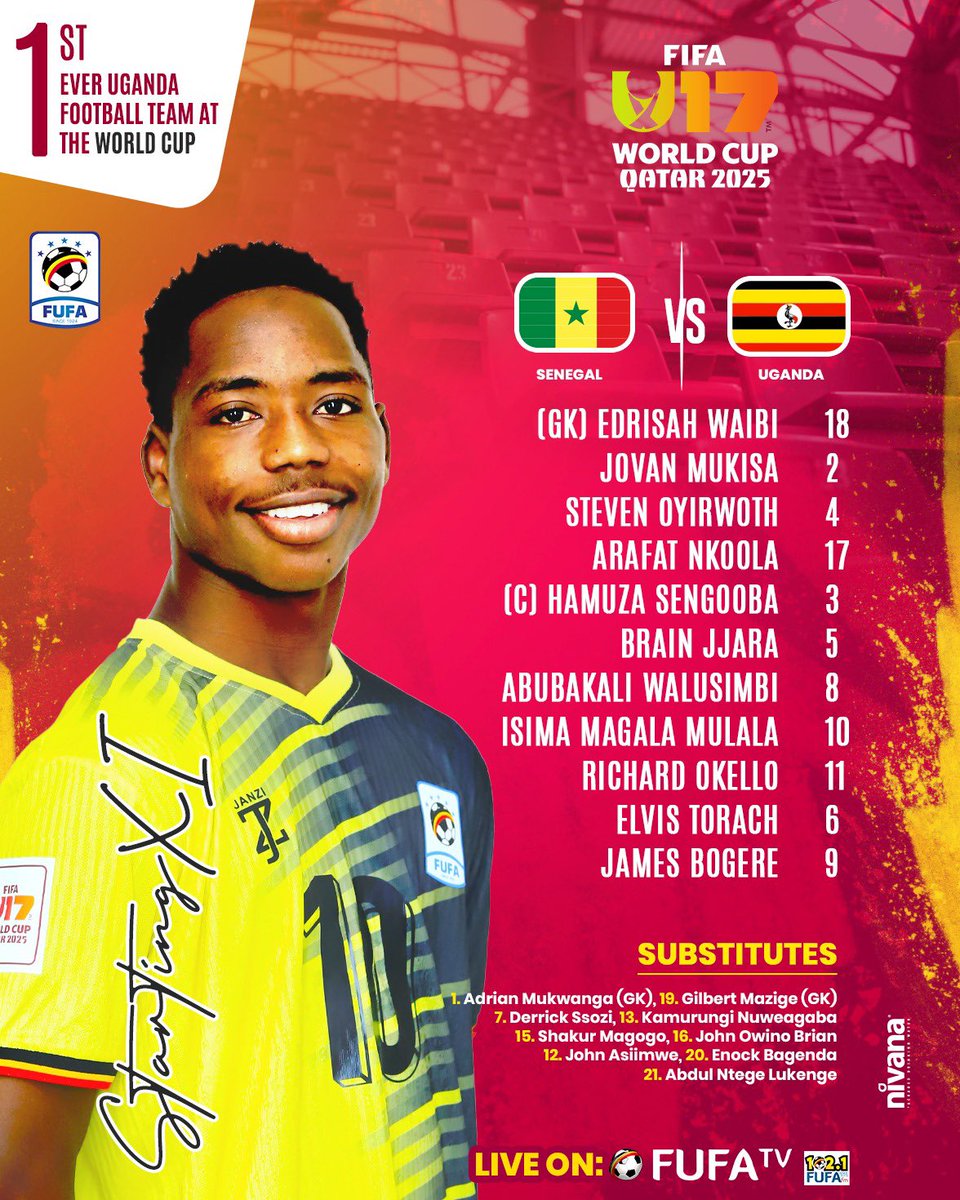 OfficialFUFA's tweet image. Let’s Go! Uganda Cubs #U17WC Round of 32 Starting XI against Senegal U-17.

Full energy. Full tempo. Full belief.

#SENUGA