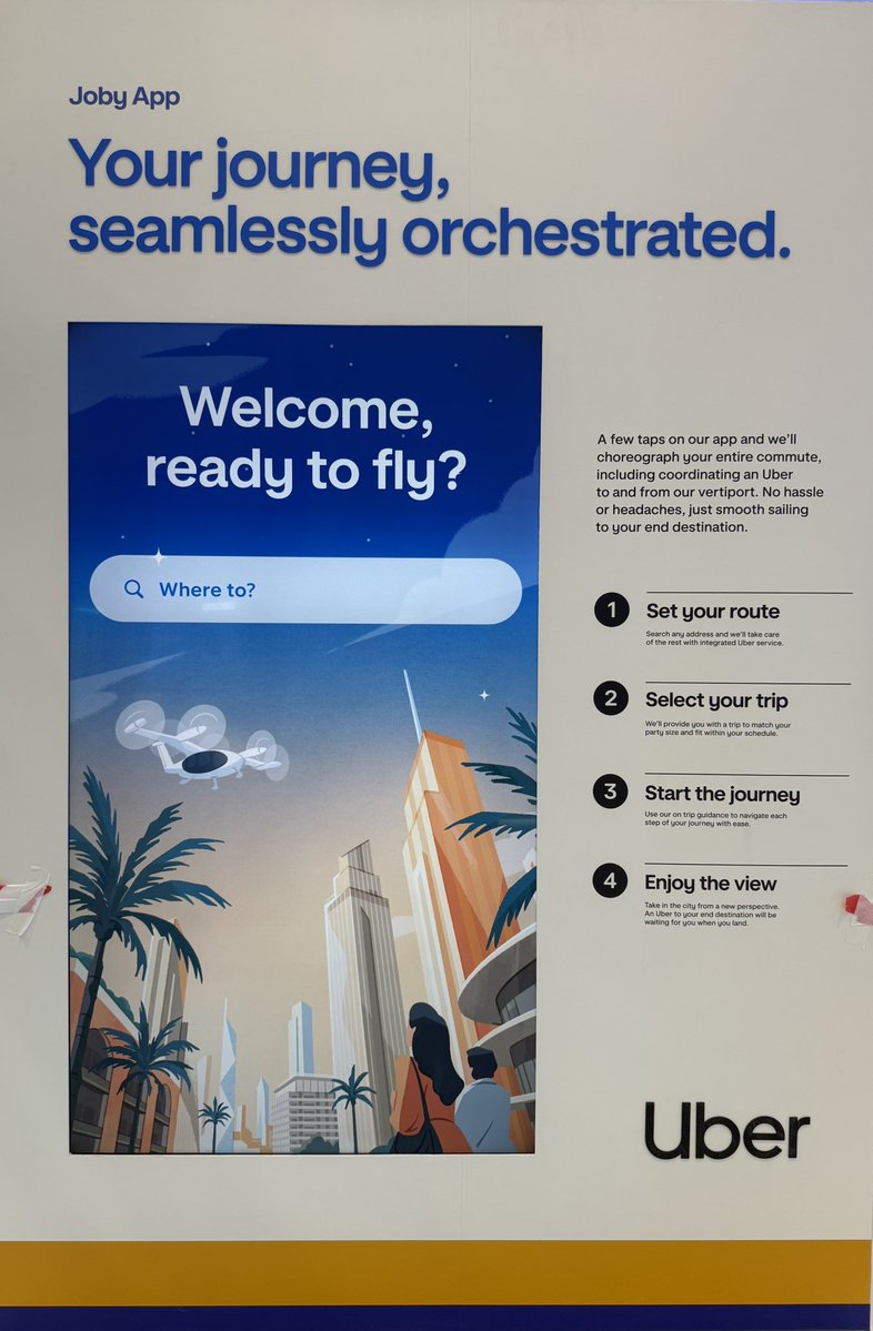 oliwalkerjones's tweet image. A sneak peek at an element of our Dubai Airshow stand - highlighting the ease of booking with $JOBY, our amazing partnership with $UBER (and our new illustrations!)