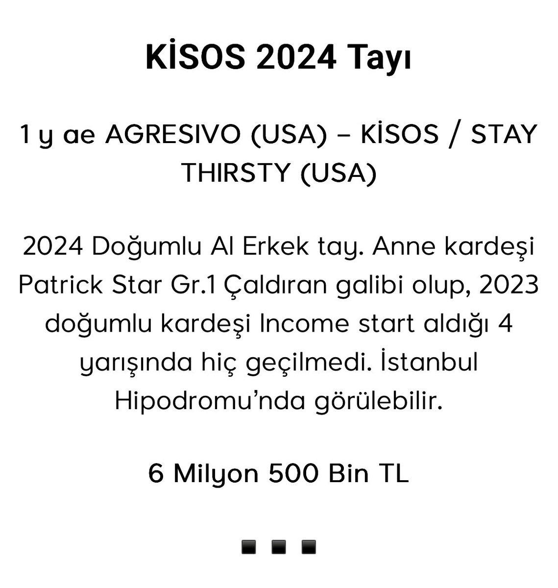 Millet ne yapacağını şaşırdı 6.5 milyon tl 1 yaşındaki at

Şimdi bunu alıcak adam ya kara para aklıyordur ya reklam başka bir amaç uğruna alamaz aksini kimse iddaa etmesin bu yarıscılık bitmiş resmen eskiler bile kaçıyor