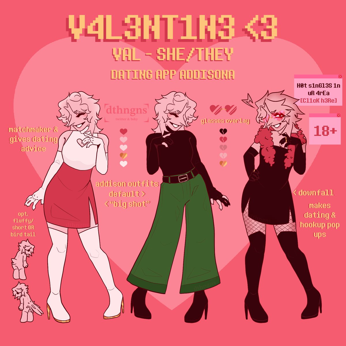 dthngns's tweet image. wanted to join in and make my own addisona after seeing everyone else’s 🥹
her “big shot” equivalent is becoming a popular dating guru and matchmaker, but post-BS they just promote dodgy pop ups :]
#deltaruneoc #deltarune #addisona #utdr #oc