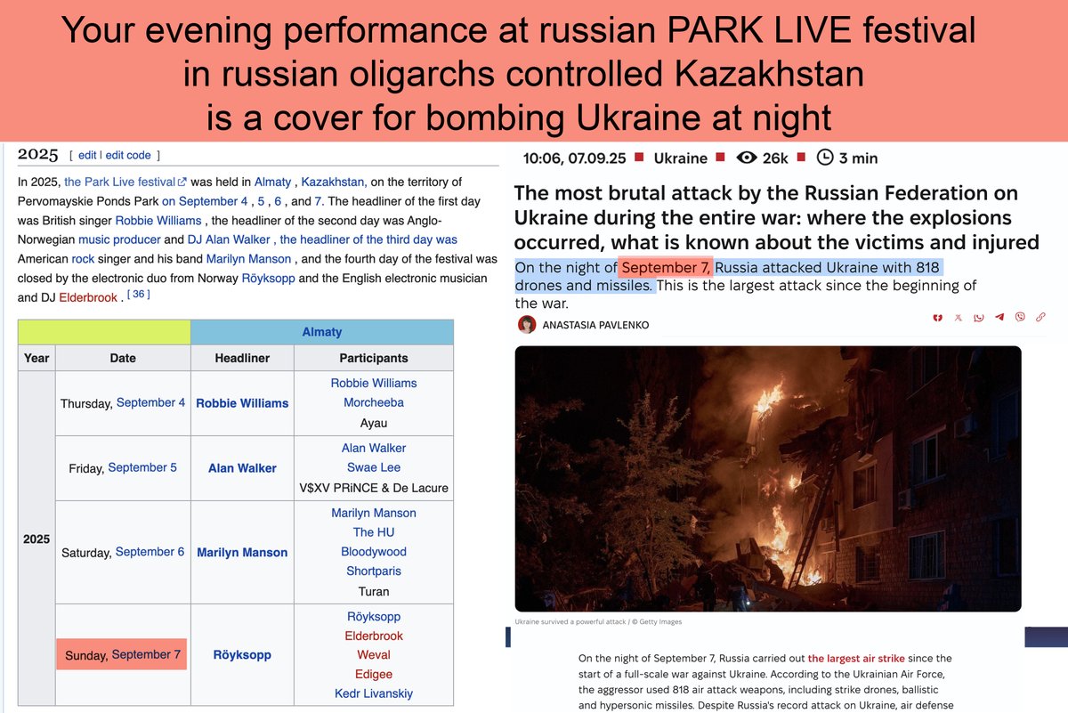 <a href="/gorillaz/">gorillaz</a> will perform for russians at the russian PARK LIVE festival in Kazakhstan, owned my Moscow Melnitsa agency CEO which booking shows for open 🇷🇺war supporters. At night when anti-war Gorillas will be at the stage Moscow will order to bomb Ukraine like they did in 2025.