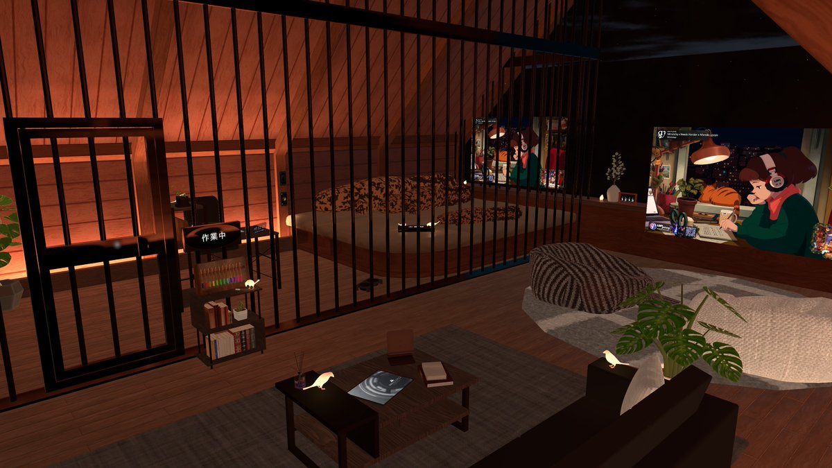 yoboyobo_san's tweet image. 「作業場 Chillと檻」をラボに公開しました
収監されて作業するも良し檻の外でChillするも良しです
檻の中の看板をUSEでステータスを切り替えられます（あとから来た人にも同期します）
でっかいオオサンショウウオぬいぐるみがあります

#VRChat  #VRChat_world紹介  #VRChat_ワールド紹介