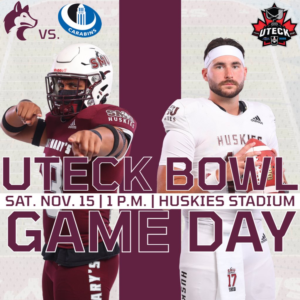 SMUHuskies's tweet image. UTECK BOWL GAME DAY 🏈

Huskies football host the Montreal Carabins in today’s Uteck Bowl semifinal!

🆚 @Carabins 
⏰1 p.m. AT / 12 p.m. ET kick-off
🏟️Huskies Stadium
Get tickets🎟️: bit.ly/47Vgdyr
Watch live: CBC Gem / TVA Sports / CBC Sports YouTube
