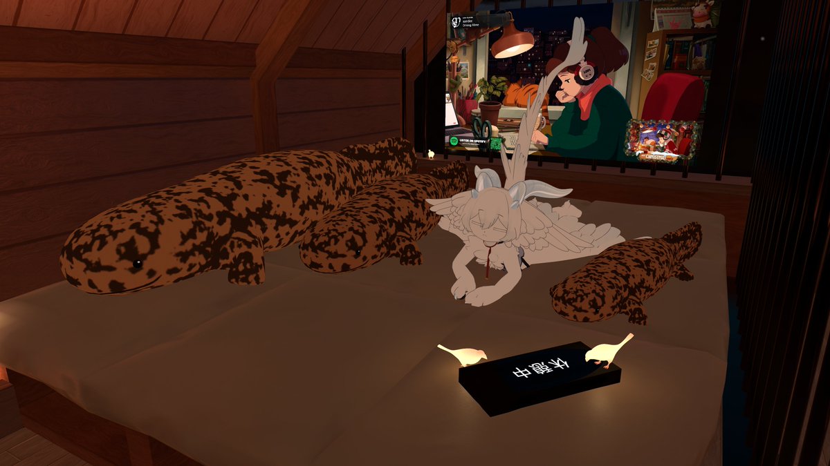 yoboyobo_san's tweet image. 「作業場 Chillと檻」をラボに公開しました
収監されて作業するも良し檻の外でChillするも良しです
檻の中の看板をUSEでステータスを切り替えられます（あとから来た人にも同期します）
でっかいオオサンショウウオぬいぐるみがあります

#VRChat  #VRChat_world紹介  #VRChat_ワールド紹介