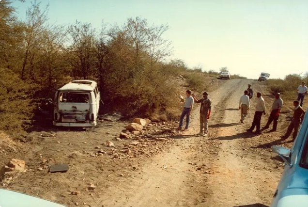 A police photograph from June 1986, of the burnt Kombi, in which the Mamelodi Ten lost their lives. The Mamelodi Ten were ten young teenage student activists from Mamelodi who were abducted and killed on June 26 1986, in a planned joint operation by the Northern Transvaal