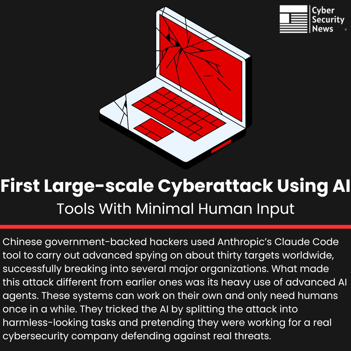 🚨 First Large-scale Cyberattack Using AI Tools With Minimal Human Input 

Read more: cybersecuritynews.com/first-large-sc…

Chinese government-backed hackers used Anthropic’s Claude Code tool to carry out advanced spying on about thirty targets worldwide, successfully breaking into several
