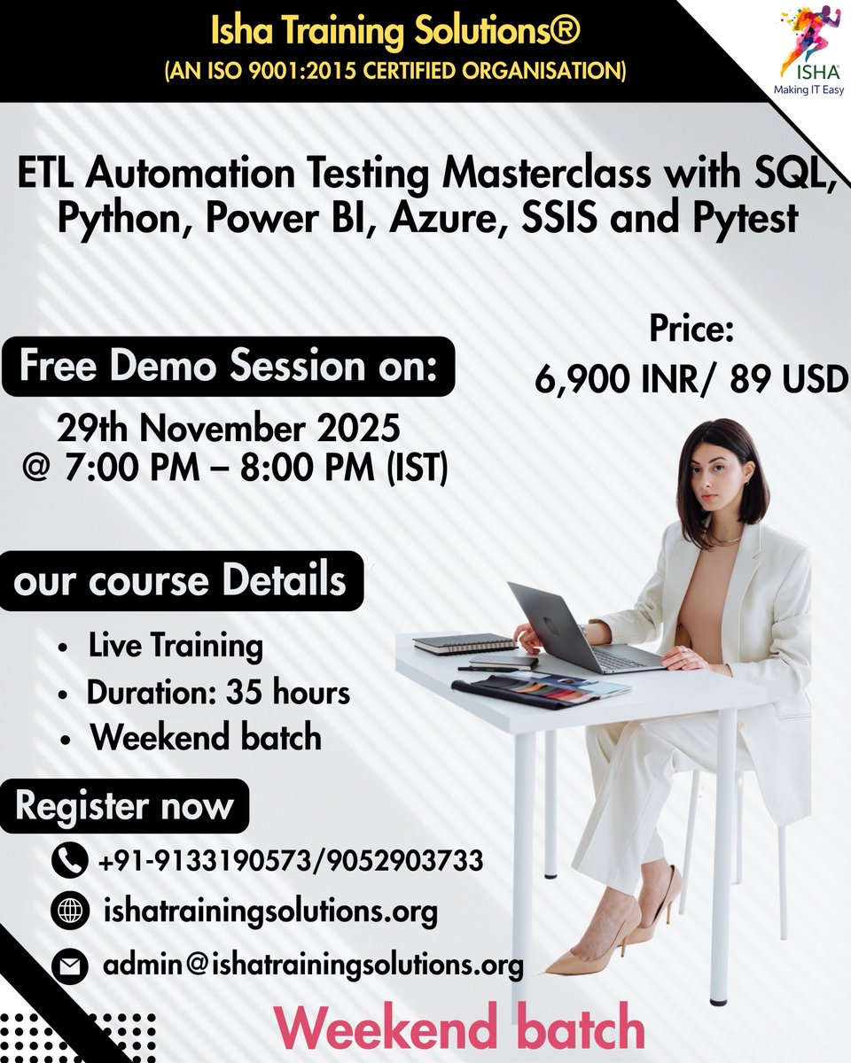 IshaKumargupta's tweet image. Isha Training Solutions presents &quot;ETL Automation Testing Masterclass with SQL, Python&quot; -Live Training
Free Demo On:29th Nov@7 PM (IST)/29th Nov@8:30 AM (EST)
You can register by joining the link below
docs.google.com/forms/d/e/1FAI…
Call/WhatsApp @ 9133190573
#ETLTesting #ETLAutomation