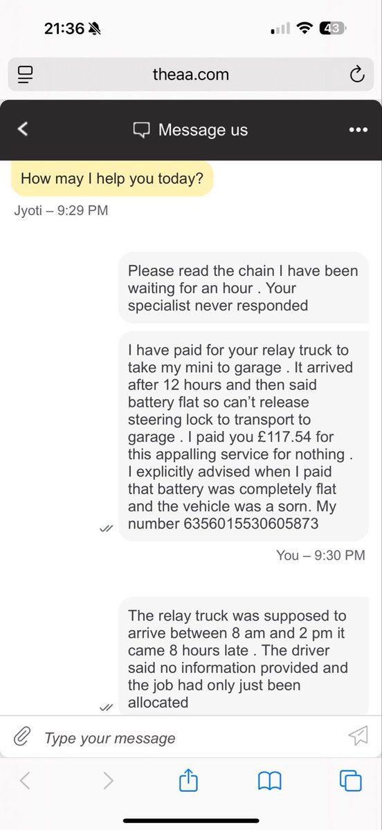 Bijtr's tweet photo. @TheAA_UK You terminated the chat 4 times in 3 hours@TheAA https://t.co/kbILQQdp1M