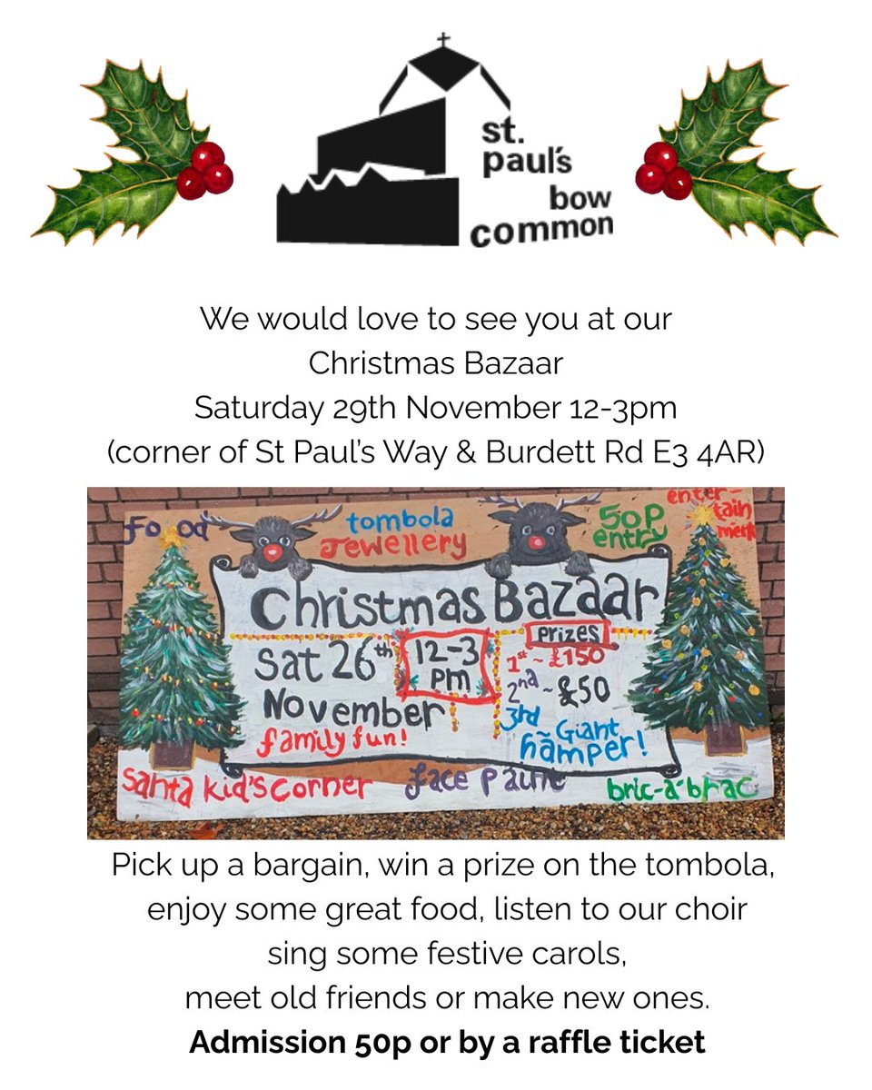 You’re Invited to Our Annual Christmas Bazaar!

Come along and enjoy:
A variety of stalls
Our ever-popular tombola
Delicious refreshments available to purchase
Carol singing from the STBC singers

#SPBC #Christmasbazaar #tombola #raffle #refreshments #Christmasgifts
