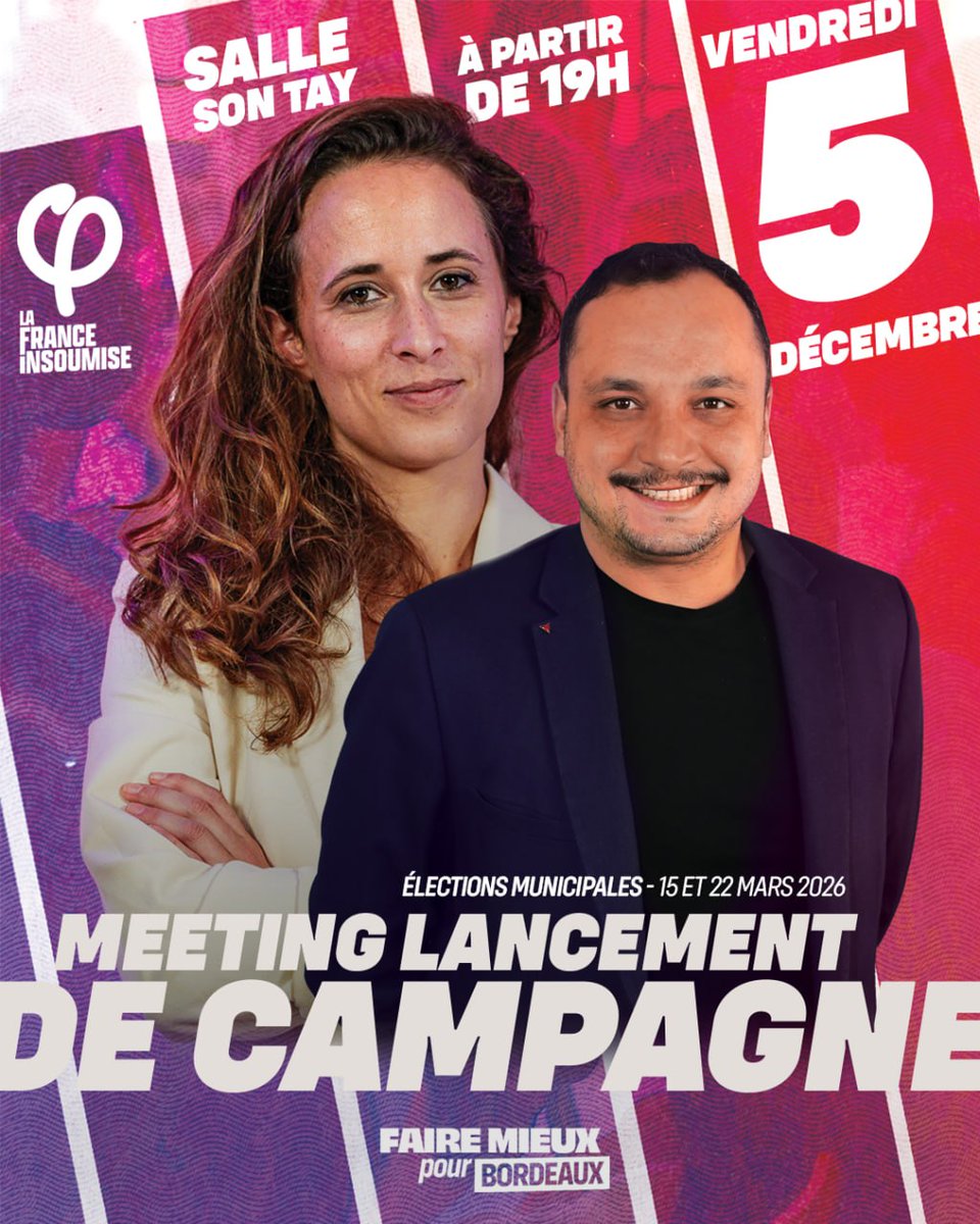 🔴 Je vous donne rendez-vous vendredi 5 décembre pour le meeting de lancement de notre liste Faire mieux pour Bordeaux, en présence de <a href="/Clemence_Guette/">Clémence Guetté</a> !

✊🏻 Une autre #Bordeaux est possible, construisons-la ensemble pour tout changer !