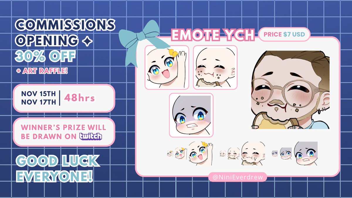NiniEverdrew's tweet photo. 💖[YCH EMOTES] | 30% OFF on Vgen  

I Finally opened my commissions on Vgen, so I want to celebrate it with a raffle!

❥ Art Raffle (ends in 48hrs) 
✧ Follow, ❤️and 🔄
✧ Share your OC in the comments

Emotes and custom orders available on Vgen!
❥ Shop: https://t.co/2kxsBGGGlv https://t.co/jTS8qtnI5A
