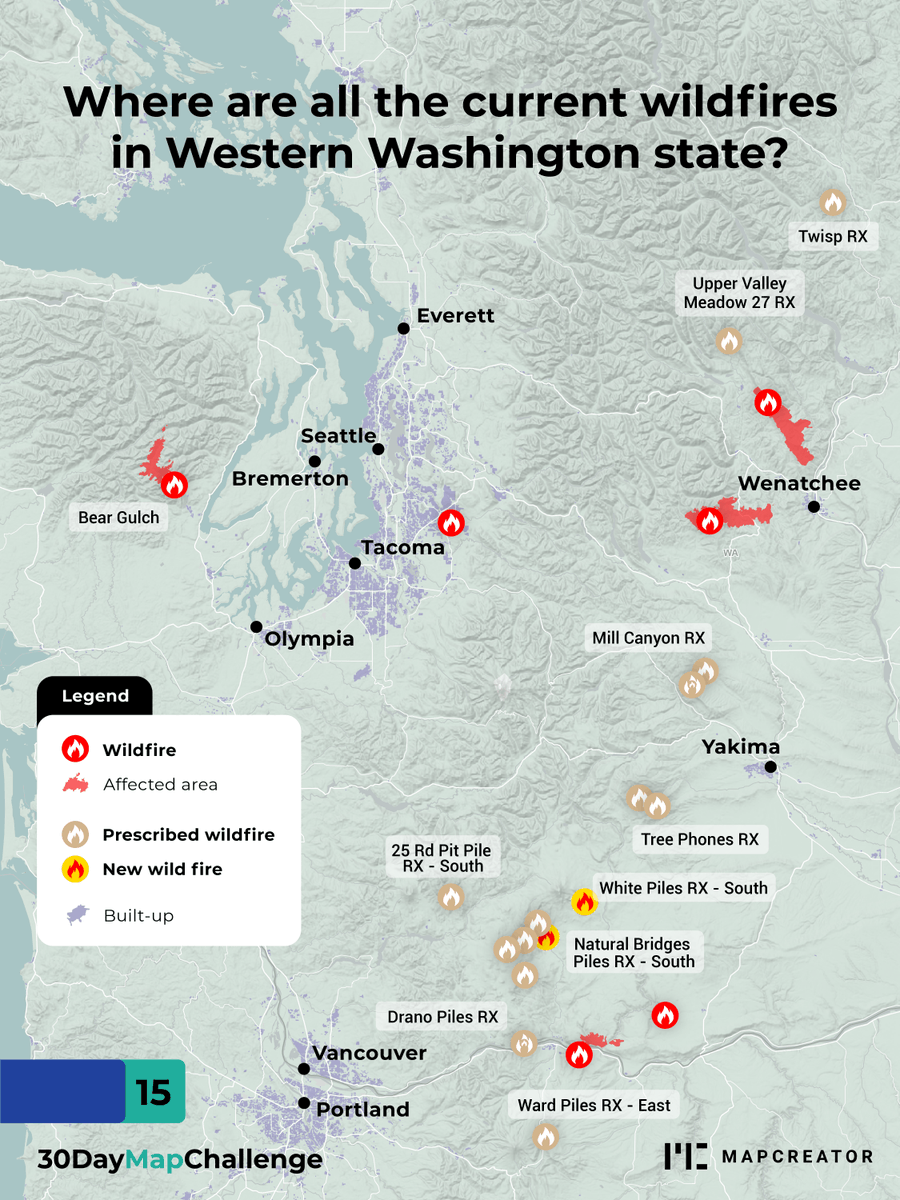 mapcreator_io's tweet image. Want to know where all the wildfires in Washington are? Our mapping tool gives you easy access to live wildfire coverage 🚒 #firemap #wildfires #30daymapchallenge