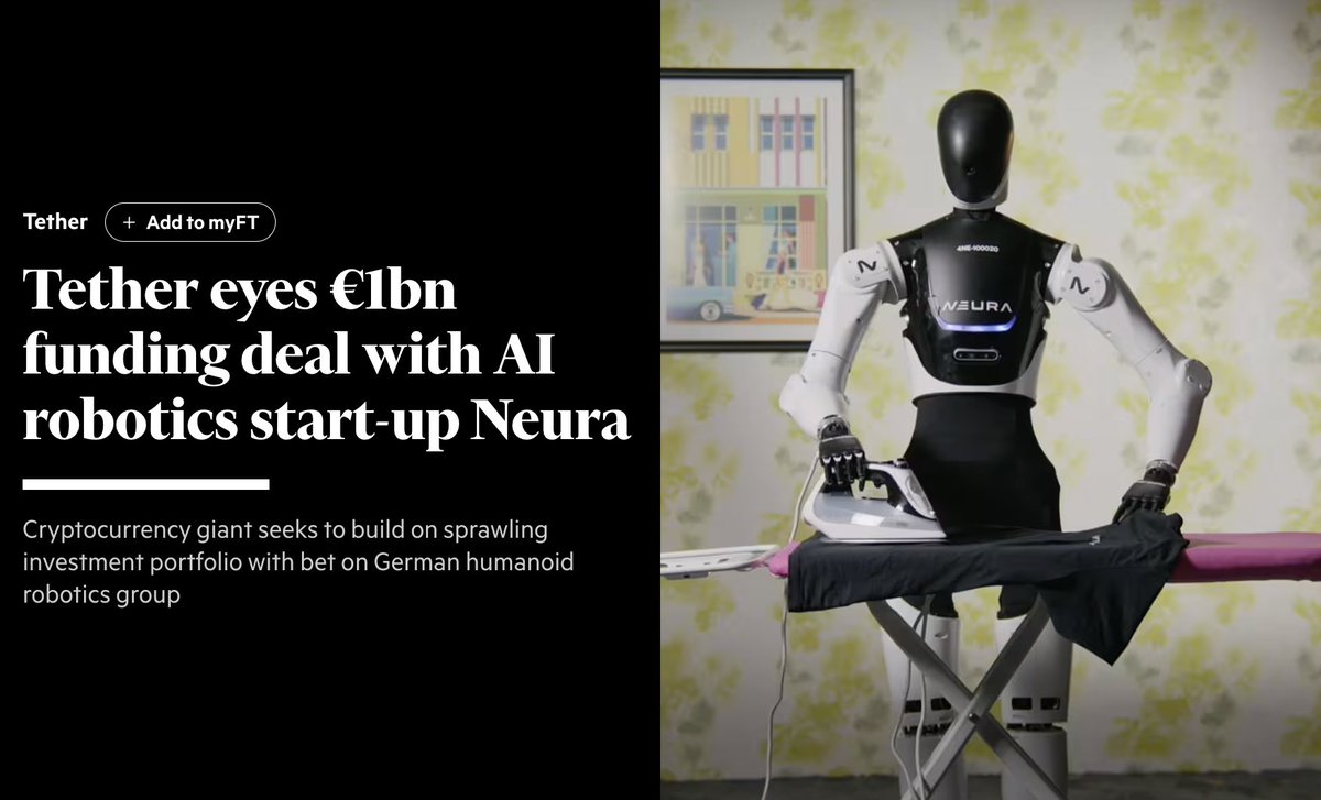 BREAKING @Tether_to is set to lead a fresh €1B round in Neura Robotics,  valuing the German humanoid builder at up to €10B. The convergence of crypto  and robotics is no longer theoretical.