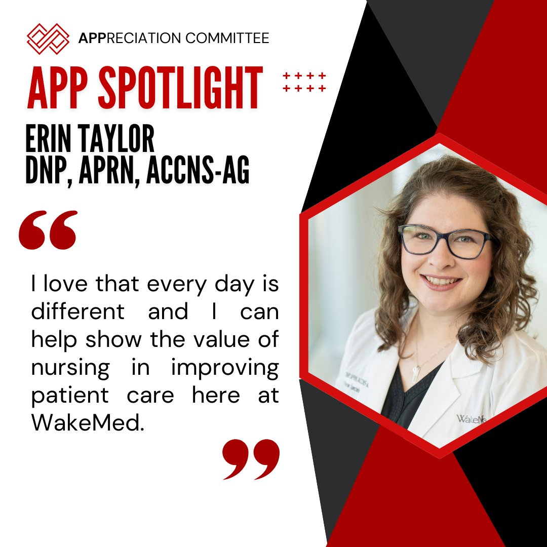 WakeMed's tweet image. Congratulations, Erin Taylor, DNP, APRN, ACCNS-AG, for being recognized as the October 2025 APP Spotlight Recipient! 
👏❤️

#WakeMed #APP #AdvancedPracticeProviders #PatientCare #WakeCounty #Award #WakeMedProud